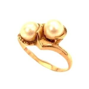 Vintage 10K Yellow Gold Ring Double Genuine Pearls‎ Ring*Size 10.5*3.9g*417*E560